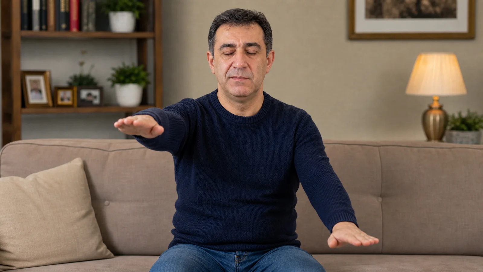 Hasta gözleri kapalı oturuyor, iki kolunu yukarı paralel kaldırmaya çalışırken sol kolu belirgin biçimde aşağı düşüyor; sağ kolu yatay kalıyor.