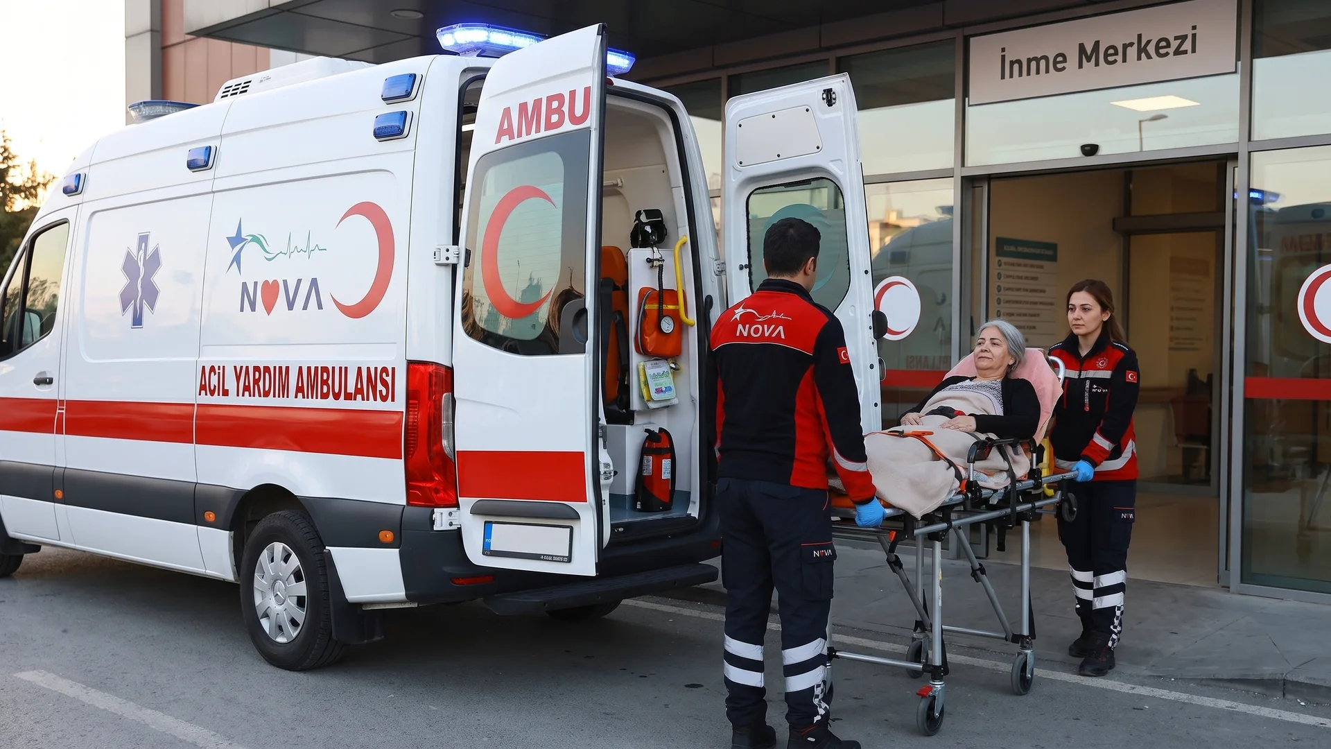 Mavi ışıkları yanan, arka kapıları açık beyaz Nova Ambulans aracının yanında kırmızı-siyah Nova üniformalı iki paramedik, sedyede yarı oturur pozisyonda, bilinci açık yaşlı bir kadını "İnme Merkezi" tabelalı hastane girişine götürüyor.