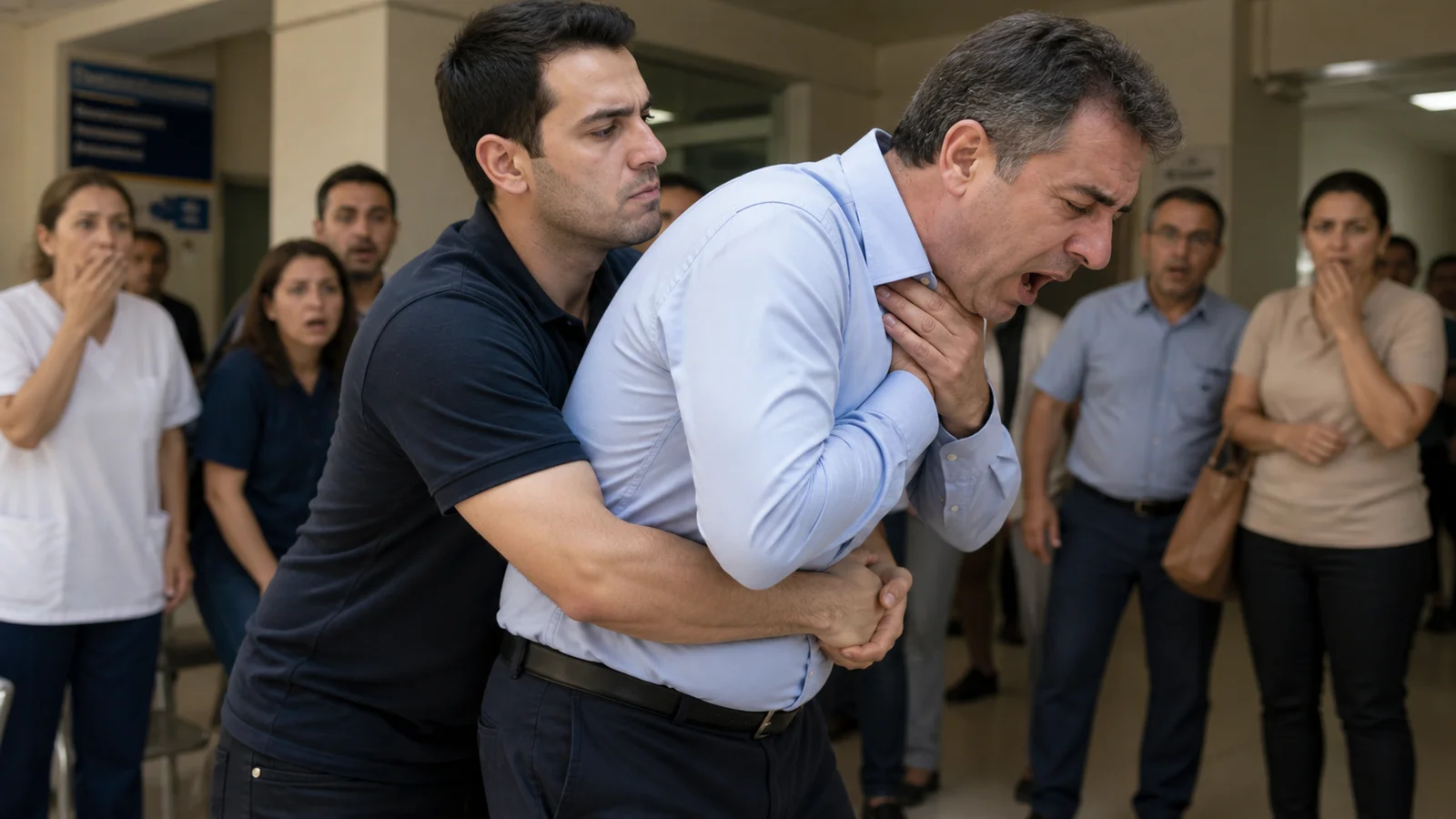 Kurtarıcı hastanın arkasında durmuş, kollarını gövdesini sararak yumruğu göbek deliğinin hemen üstüne yerleştirmiş; içe-yukarı sertçe çekme anı.