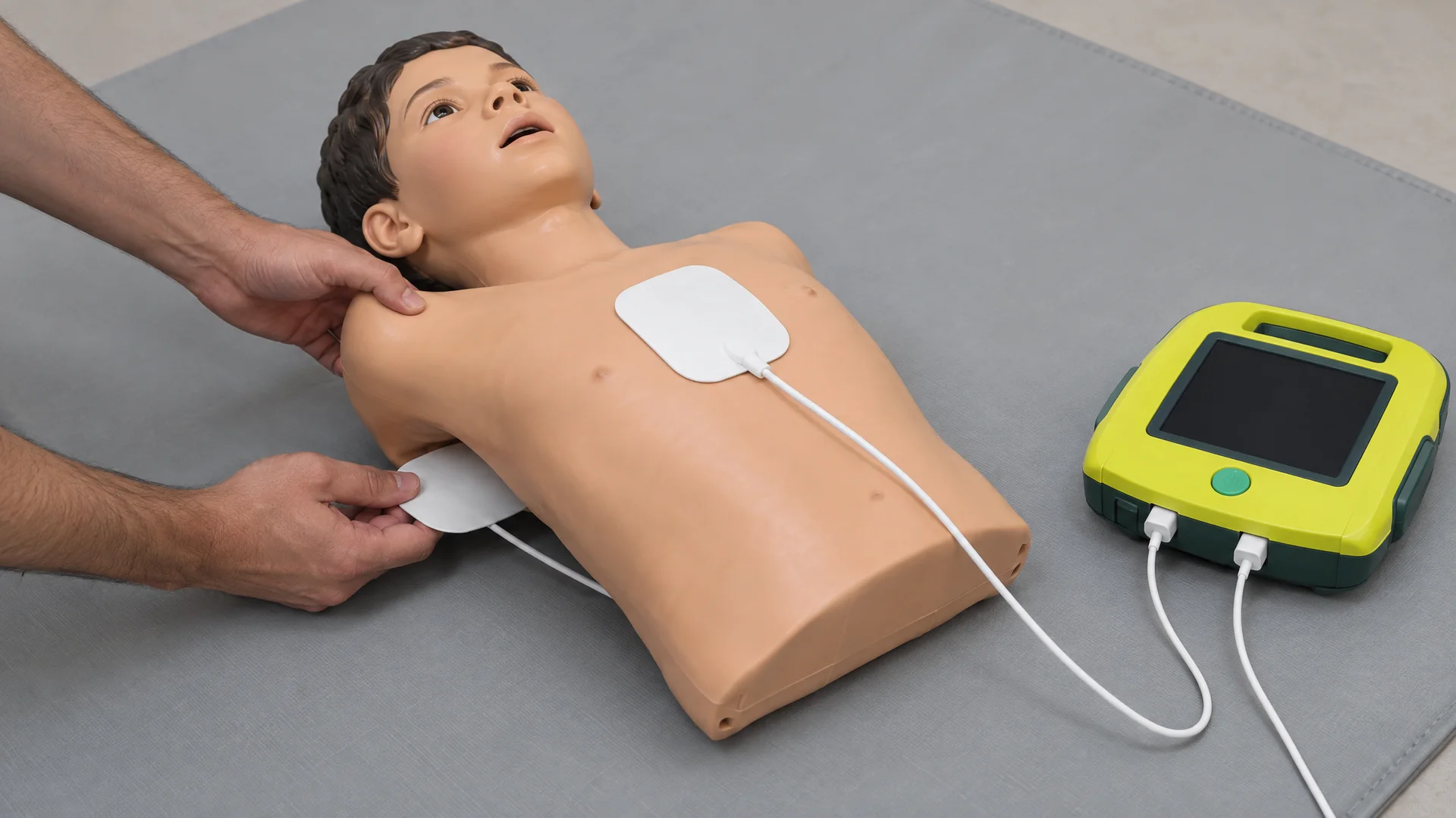 Pediatrik mankende ön-arka (anterior-posterior) ped yerleşimi: bir ped göğsün ortasında, diğer ped sırtın üst kısmında karşılıklı; pedler kalbi sandviçler.