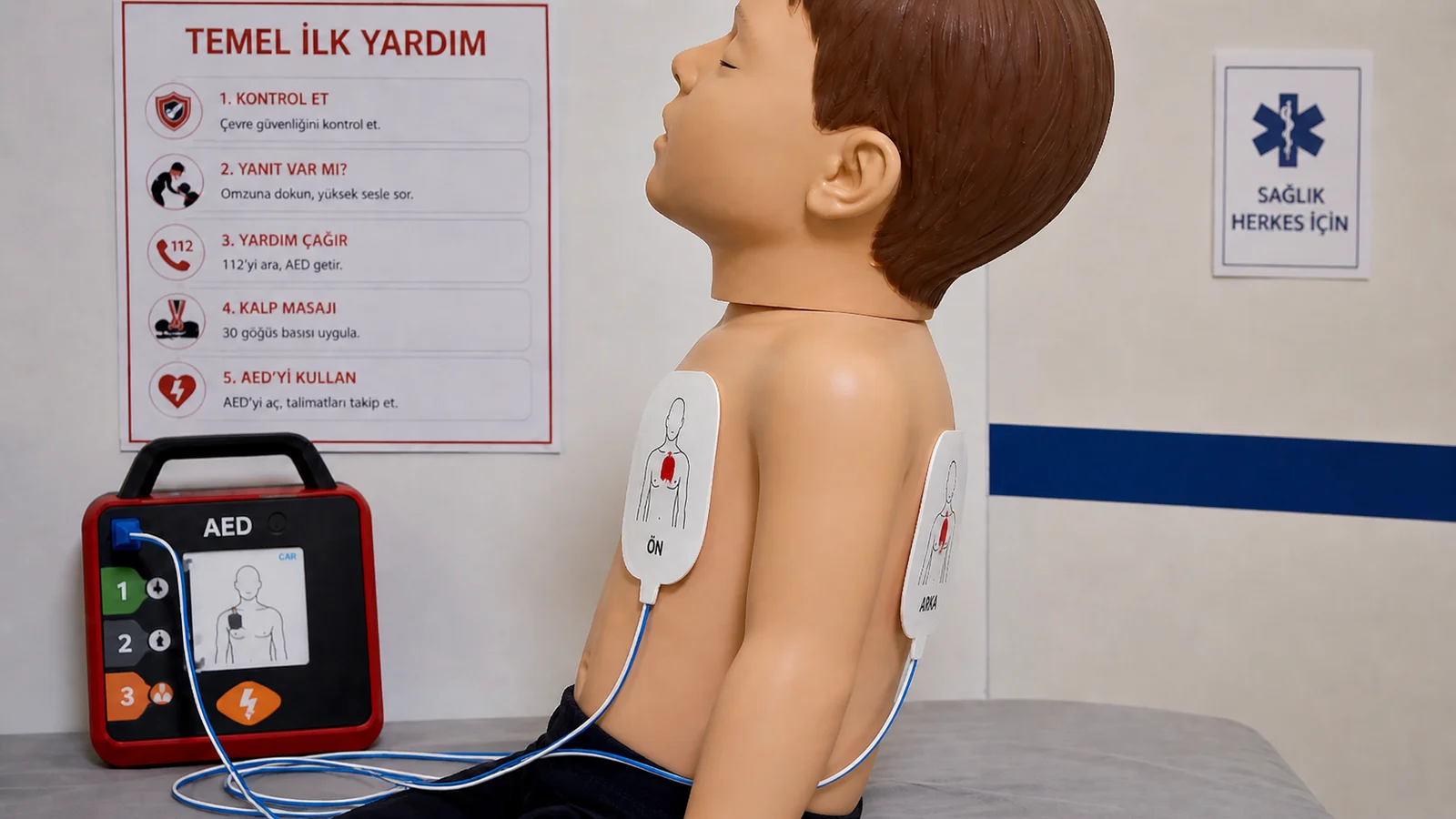 Pediatrik mankende ön-arka (anterior-posterior) ped yerleşimi: bir ped göğsün ortasında, diğer ped sırtın üst kısmında karşılıklı; pedler kalbi sandviçler.