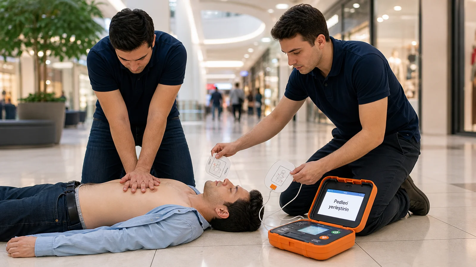 İki olay yerindeki kişi: biri kesintisiz göğüs basısını sürdürüyor, ikincisi açık Otomatik Eksternal Defibrilatör (OED) kapağından çıkardığı pedleri hastanın çıplak göğsüne yöneltiyor.